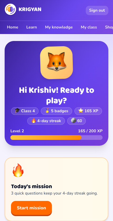 A child's home screen with XP, level and games